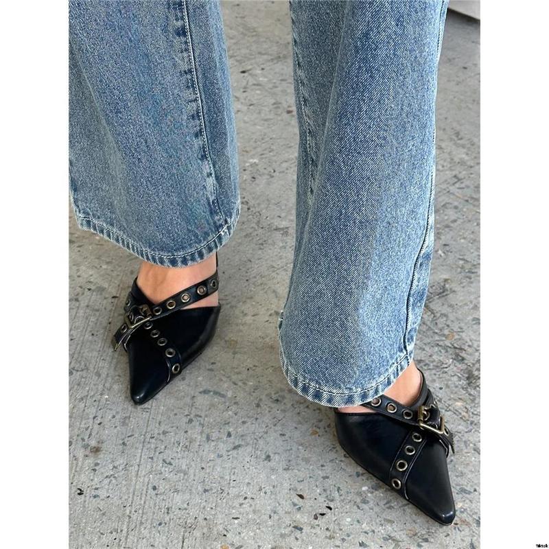 Mules Heels For Women Pointed Closed Toe Kitten Heeled Sandals Buckle Slip On Studded Pointy Stiletto Heels Party Dress Pumps