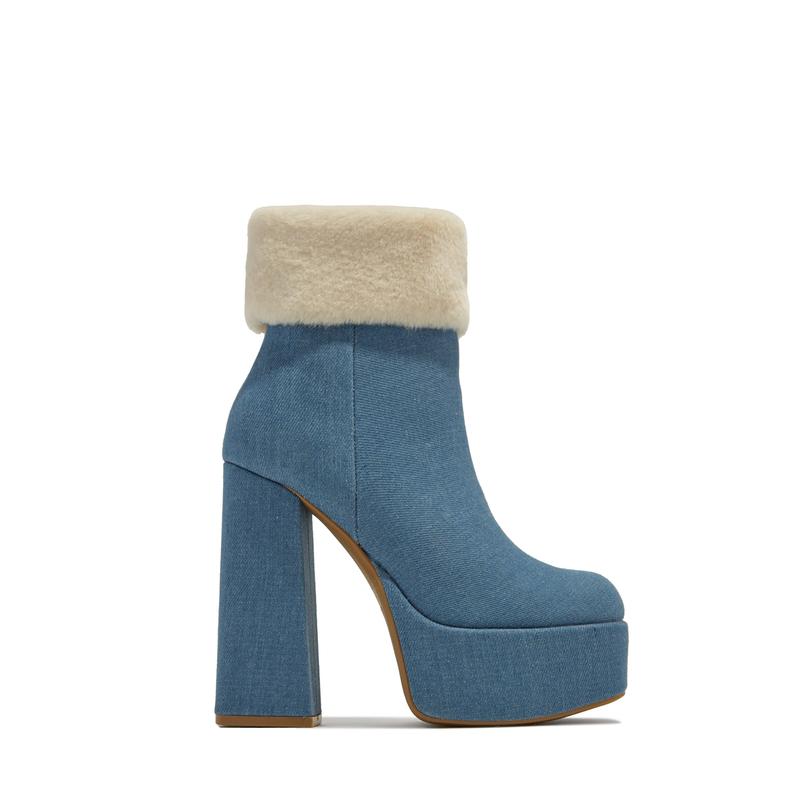 Ayla Faux Fur Platform Block Heel Ankle Boots - Denim