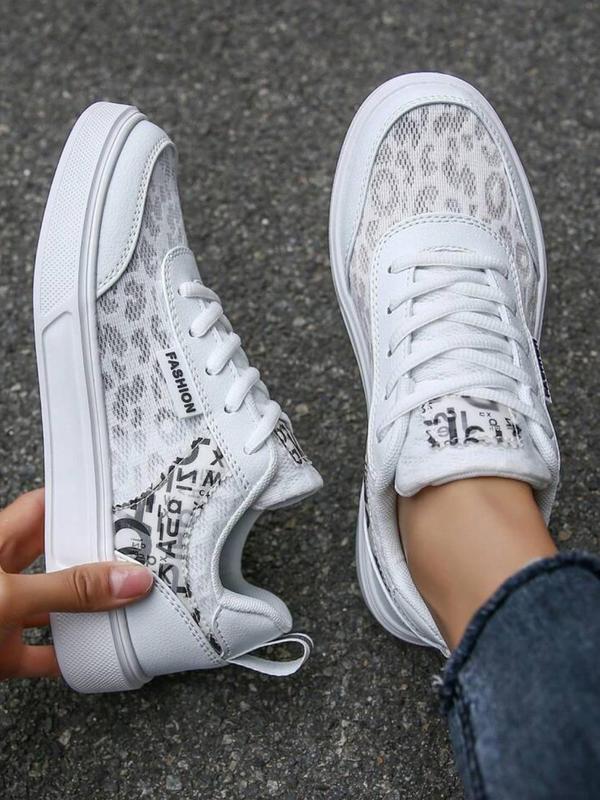 Women's Summer Letter & Leopard Patchwork Design Lace Up Sneakers, Designer Workout Sneakers, Comfortable 2024 Sports Shoes, Contrast Mesh Round Toe Skate Shoes