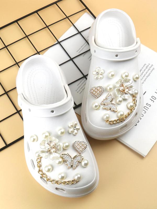 Cute Style Shoe Charms Set, Flower & Butterfly & Chain & Rhinestones Design Shoe Decoration, Fashionable Shoes Decoration for Women & Girls