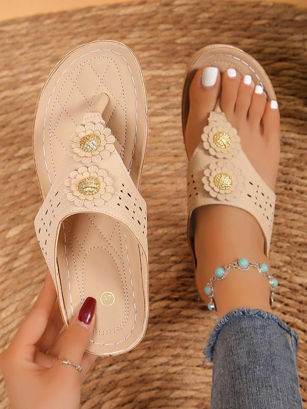 Women's Fashionable Floral Decor Hollow Out Design Slide Sandals, Casual Comfortable Wedge Sandals for Summer, Female All-match Toe Thong Sandals for Daily Wear