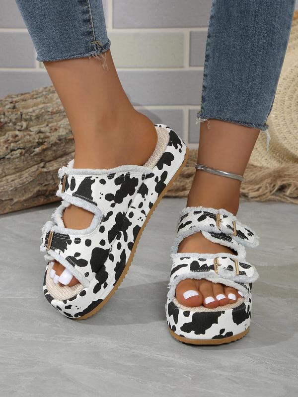 Women's Fashion Cow Print & Camouflage Pattern Belted Platform Slippers, Casual Comfortable Flat Sandals for Summer, Non-slip Slippers for Beach Vacation