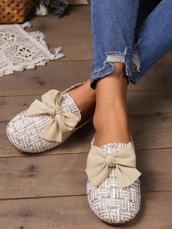 Women's Bow Decorated Tweed Mule Flats, Fashionable Flat Shoes For All Seasons, Elegant All-match Basic Shoes For Daily Wear