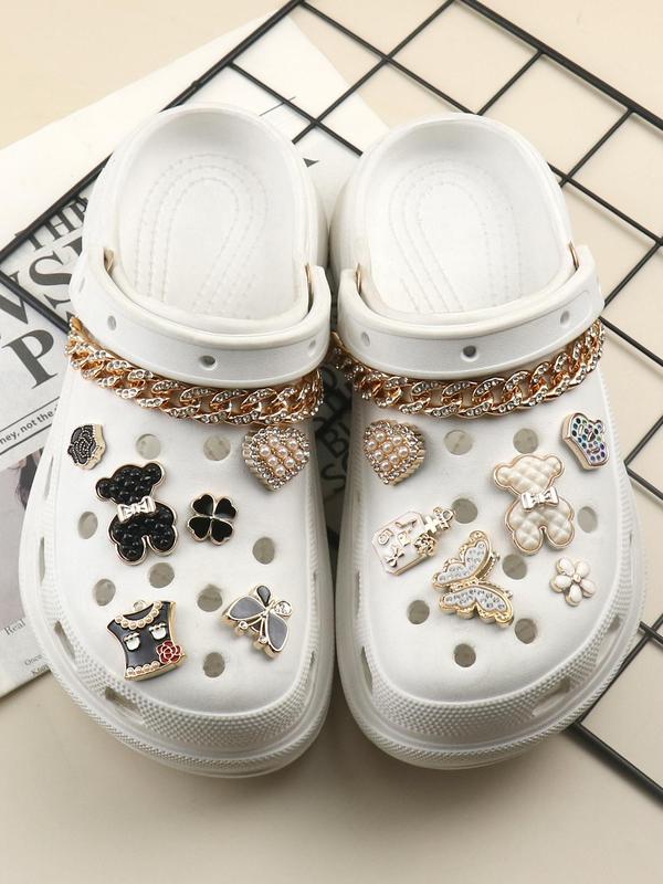 14pcs set Fashionable Bear & Flower Design Shoes Decorations, Cute Cartoon Chain & Butterfly Design Shoes Charm, Shoes Decoration Accessories