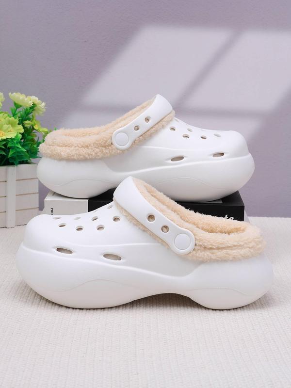 Women's Cute Plain Color Plush Lining Clogs, Casual Comfortable Hollow Out Design Clogs for Indoor & Outdoor Wear, Thick Sole Non-slip Nurse Shoes