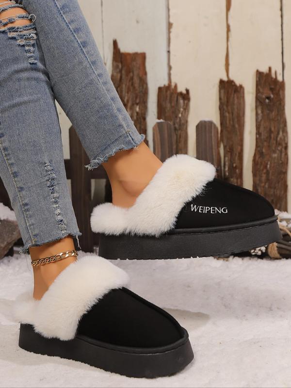 Women's Letter Embroidering Letter Contrast Faux Fur Slippers, Casual Soft Comfortable Home Slippers, Warm Slippers for Indoor & Outdoor Use for Winter