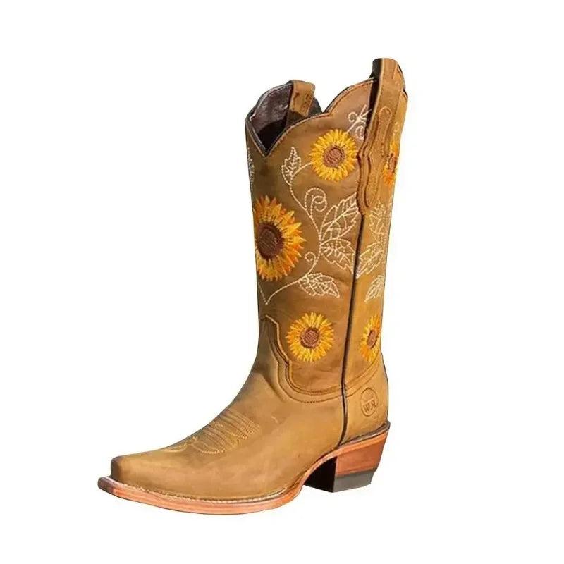 Coffee Brown Embroidered Western Cowboy Boots