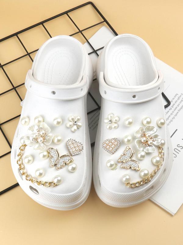 Cute Style Shoe Charms Set, Flower & Butterfly & Chain & Rhinestones Design Shoe Decoration, Fashionable Shoes Decoration for Women & Girls