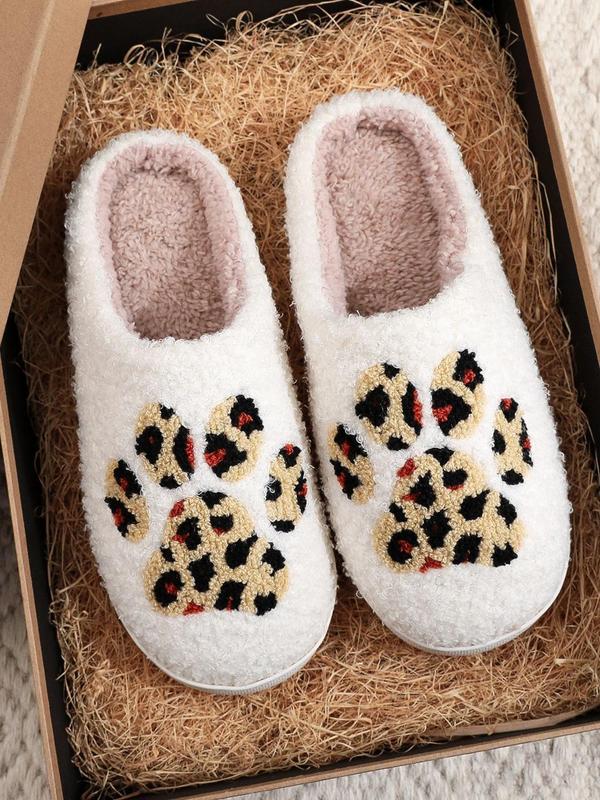 Women's Cute Leopard Print Plush Slippers, Casual Soft Comfortable Home Slippers, Warm Slippers for Indoor & Outdoor Use for Fall & Winter