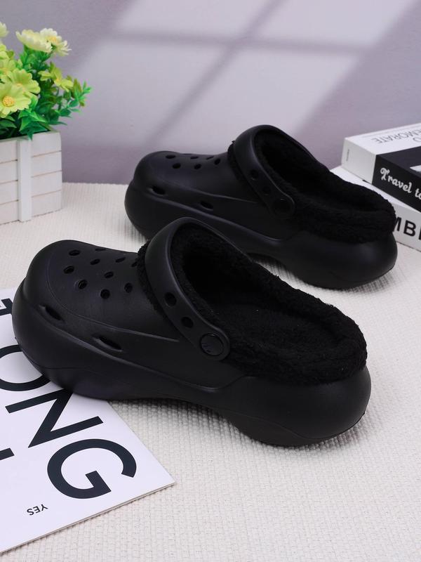 Women's Cute Plain Color Plush Lining Clogs, Casual Comfortable Hollow Out Design Clogs for Indoor & Outdoor Wear, Thick Sole Non-slip Nurse Shoes