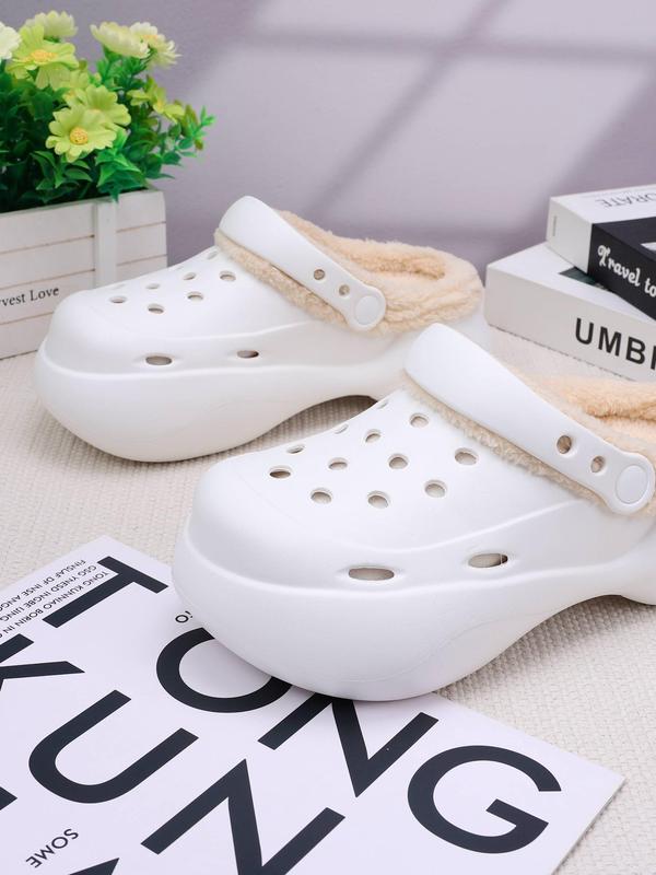 Women's Cute Plain Color Plush Lining Clogs, Casual Comfortable Hollow Out Design Clogs for Indoor & Outdoor Wear, Thick Sole Non-slip Nurse Shoes