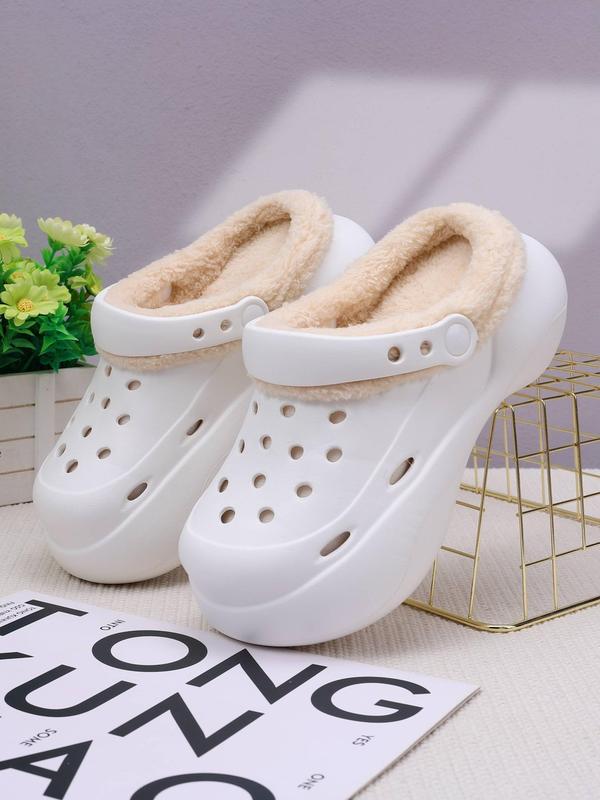 Women's Cute Plain Color Plush Lining Clogs, Casual Comfortable Hollow Out Design Clogs for Indoor & Outdoor Wear, Thick Sole Non-slip Nurse Shoes