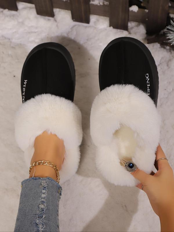 Women's Letter Embroidering Letter Contrast Faux Fur Slippers, Casual Soft Comfortable Home Slippers, Warm Slippers for Indoor & Outdoor Use for Winter