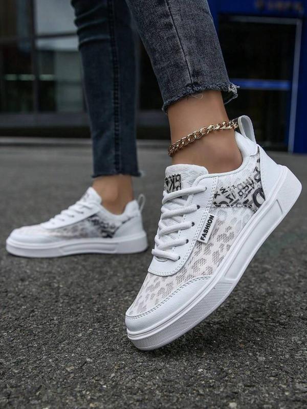 Women's Summer Letter & Leopard Patchwork Design Lace Up Sneakers, Designer Workout Sneakers, Comfortable 2024 Sports Shoes, Contrast Mesh Round Toe Skate Shoes