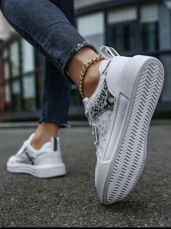 Women's Summer Letter & Leopard Patchwork Design Lace Up Sneakers, Designer Workout Sneakers, Comfortable 2024 Sports Shoes, Contrast Mesh Round Toe Skate Shoes