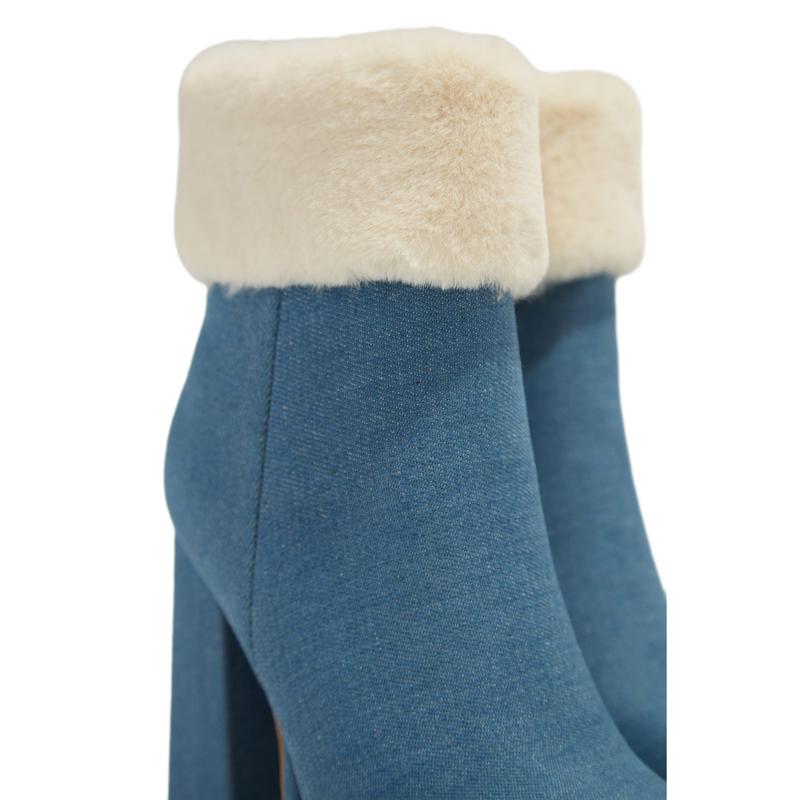 Ayla Faux Fur Platform Block Heel Ankle Boots - Denim