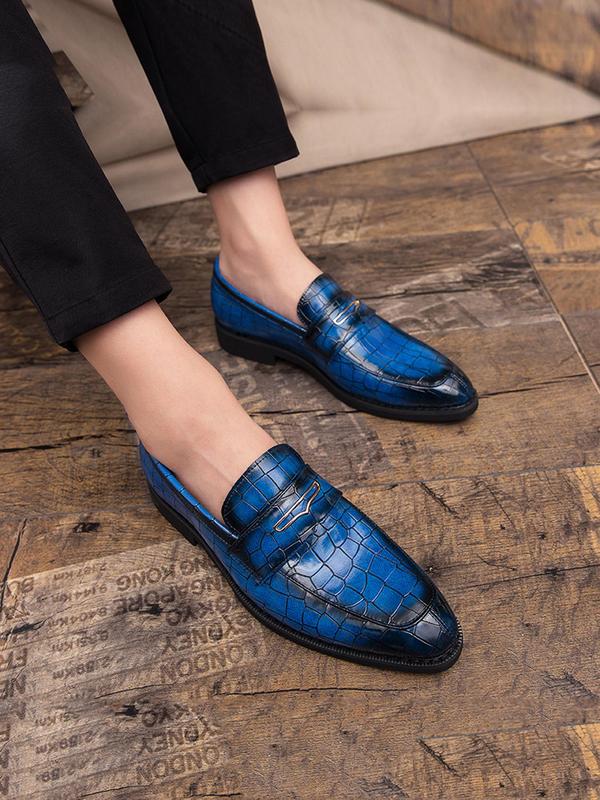 Men's Business Solid Color Crocodile Embossed Slip-on PU Leather Shoes, Fashionable Low Heel Dress Shoes For Work Office, Male Pointed Toe Shoes