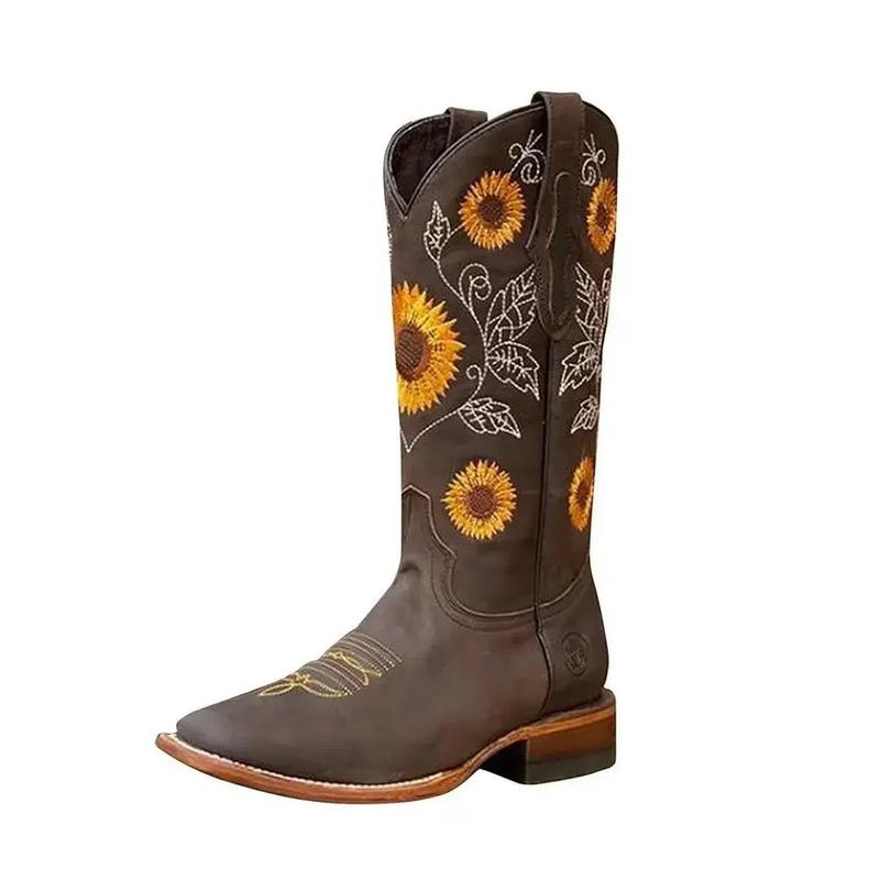 Coffee Brown Embroidered Western Cowboy Boots