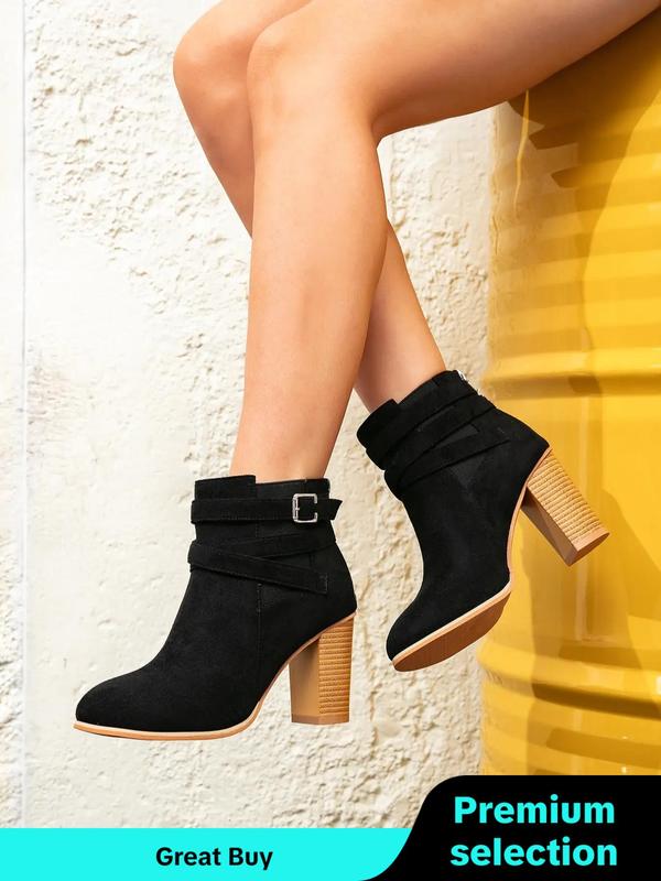 Women's Fashionable Buckle Decor Design Solid Color Chunky Heel Ankle Boots, Casual Pointed Toe Booties for Fall & Winter, Female All-match Trendy Shoes for Daily Wear