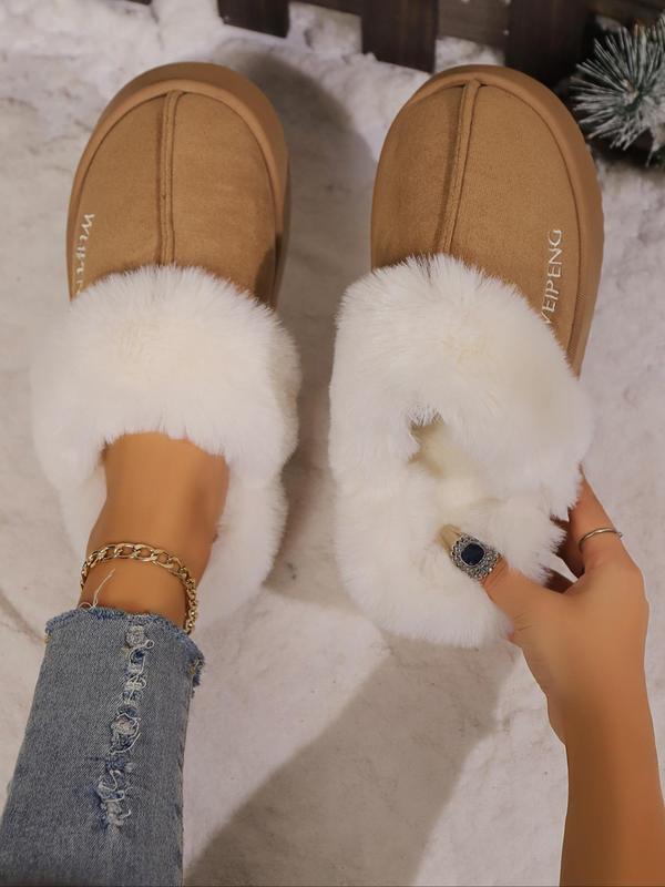 Women's Letter Embroidering Letter Contrast Faux Fur Slippers, Casual Soft Comfortable Home Slippers, Warm Slippers for Indoor & Outdoor Use for Winter