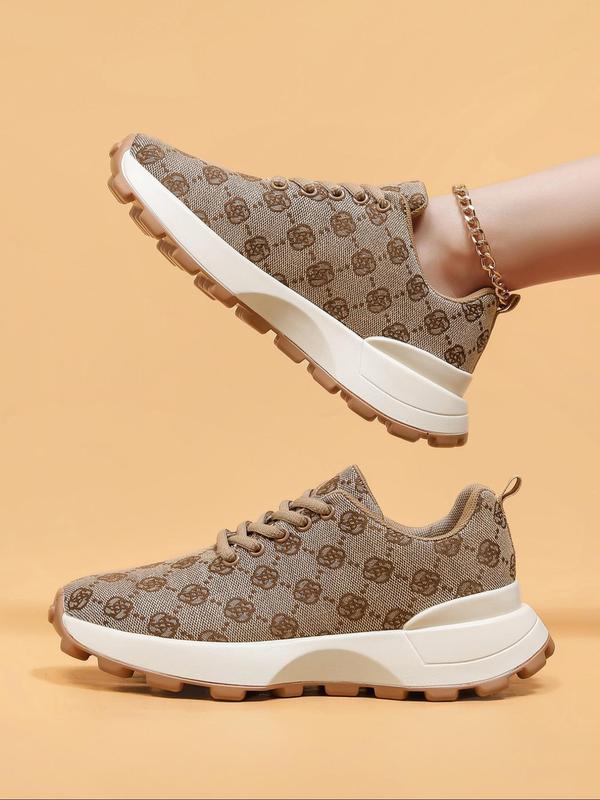 Women's Fashionable Floral Pattern Lace Up Low Top Sneakers, Casual Comfortable Sports Running Shoes, All-match Round Toe Chunky Sneakers for Daily Wear