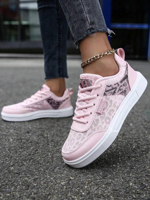 Women's Summer Letter & Leopard Patchwork Design Lace Up Sneakers, Designer Workout Sneakers, Comfortable 2024 Sports Shoes, Contrast Mesh Round Toe Skate Shoes