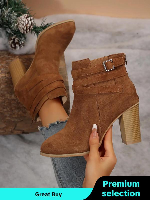 Women's Fashionable Buckle Decor Design Solid Color Chunky Heel Ankle Boots, Casual Pointed Toe Booties for Fall & Winter, Female All-match Trendy Shoes for Daily Wear