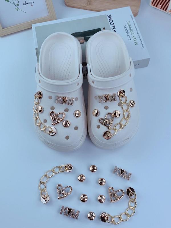 Fashionable Chain & Hollow Out Heart & Letter Design Rhinestone Decor Shoes Decorations, Cute Trendy Shoes Decorations, Shoes Decorations for Clogs