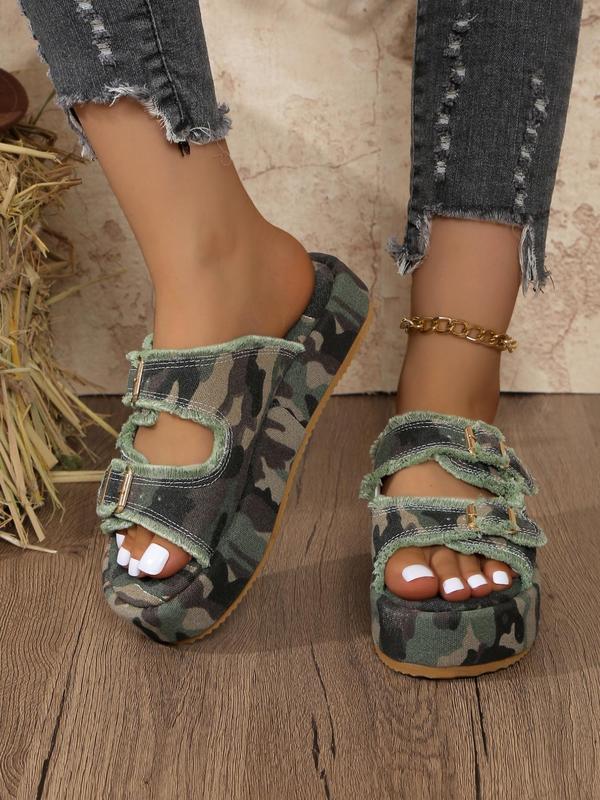 Women's Fashion Cow Print & Camouflage Pattern Belted Platform Slippers, Casual Comfortable Flat Sandals for Summer, Non-slip Slippers for Beach Vacation