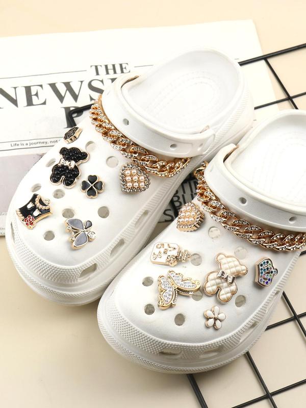 14pcs set Fashionable Bear & Flower Design Shoes Decorations, Cute Cartoon Chain & Butterfly Design Shoes Charm, Shoes Decoration Accessories