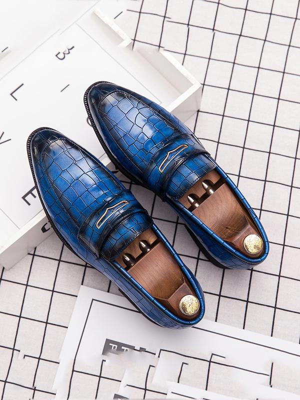 Men's Business Solid Color Crocodile Embossed Slip-on PU Leather Shoes, Fashionable Low Heel Dress Shoes For Work Office, Male Pointed Toe Shoes