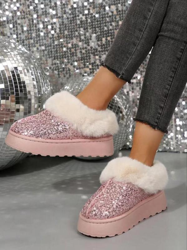 Women's Fashionable Glitter Sequin Design Slip on Snow Boots, Casual Warm Fluffy Lined Ankle Boots for Fall & Winter, Female All-match Round Toe Shoes for Daily Wear