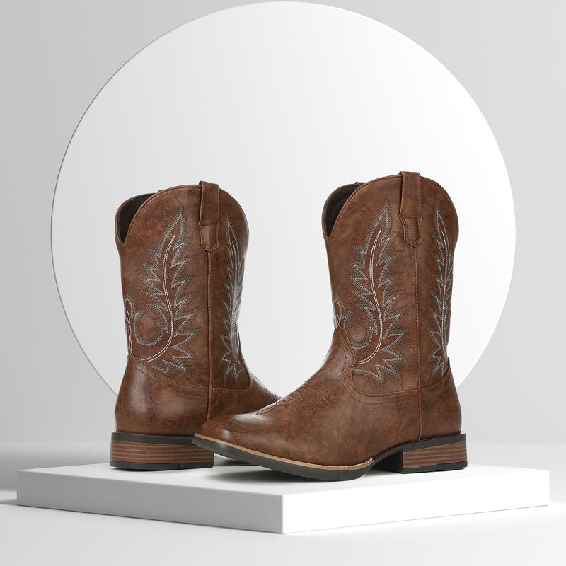 VIMI VIMI Cowboy Boots for Men Western Square Toe Pull on Embroidered Chunky Heels Mid Calf Boot Booties