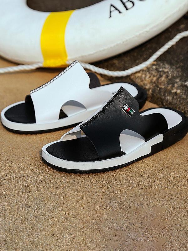 Men's Colorblock Hollow Out Design Slippers, Casual Lightweight Comfort Patched Design Wide Band Slippers for Boys, Summer 2024 Outdoor Beach Slide Sandals for Men, Footwear & Walking Summer Shoes