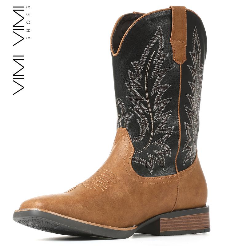 VIMI VIMI Cowboy Boots for Men Western Square Toe Pull on Embroidered Chunky Heels Mid Calf Boot Booties