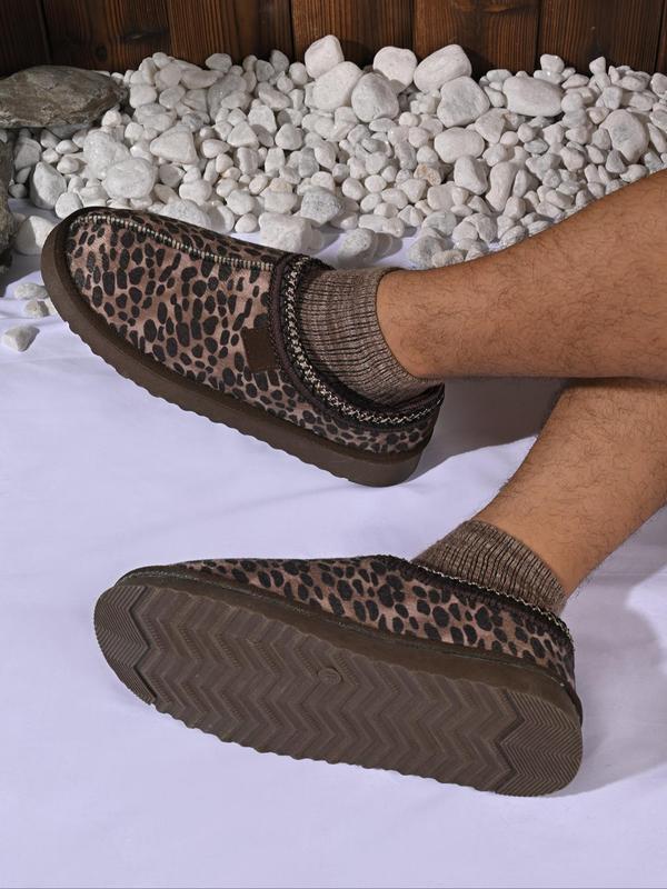 Men's Casual Plain Color Leopard Pattern Slip-on Slippers, Classic Comfortable Flat Slippers for Indoor & Outdoor Wear, Flat Bottom Slippers for Fall & Winter