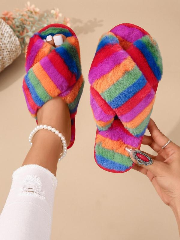 Women's Rainbow Stripe Pattern Plush Slippers, Designer Shoes, Casual Soft Comfortable Home Slippers, Warm Slippers for Indoor & Outdoor Use for Fall & Winter