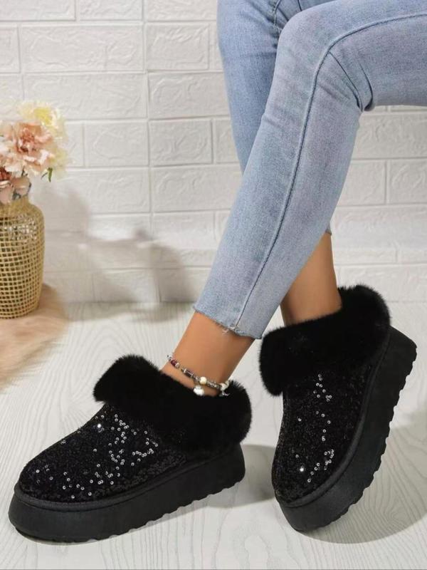 Women's Fashionable Glitter Sequin Design Slip on Snow Boots, Casual Warm Fluffy Lined Ankle Boots for Fall & Winter, Female All-match Round Toe Shoes for Daily Wear