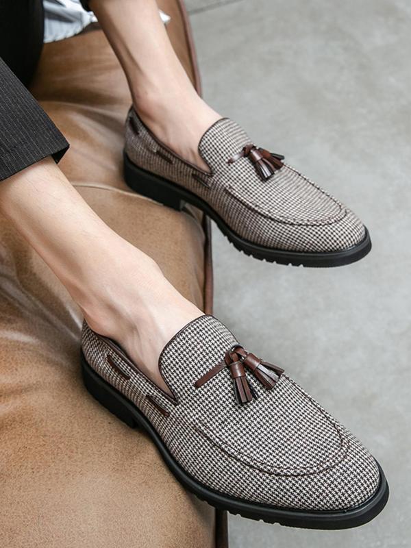 Men's Houndstooth Pattern Tassel Decor Loafers, 2024 New Style Casual Comfortable Slip-on Shoes for Party Daily Wear, Fashionable Shoes for Men