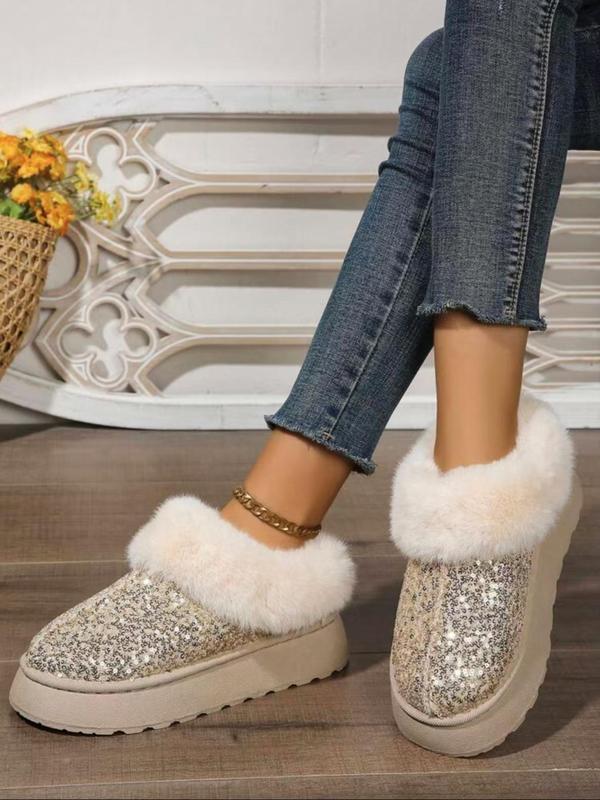 Women's Fashionable Glitter Sequin Design Slip on Snow Boots, Casual Warm Fluffy Lined Ankle Boots for Fall & Winter, Female All-match Round Toe Shoes for Daily Wear