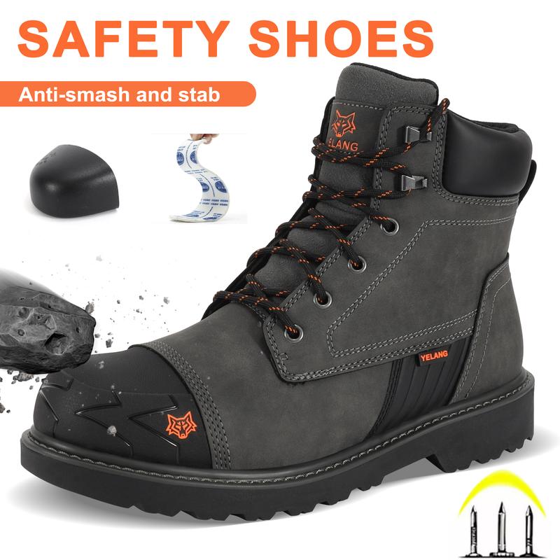 Men's Steel Toe Safety Work Boot Slip Resistant Puncture Utility Shoes 6 Inch For Industrial Construction Outdoor Boy Closed