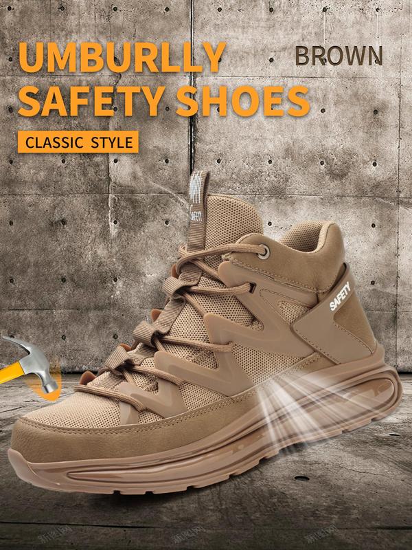 Men's Casual Lace Up Mid Top Safety Shoes, Lightweight Soft Sole Breathable Comfortable Shoes, Fashionable Anti-smash and Anti-puncture Shoes for Work