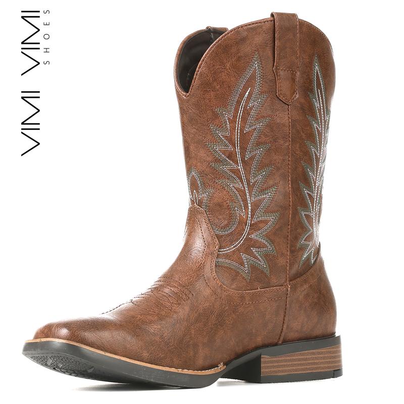 VIMI VIMI Cowboy Boots for Men Western Square Toe Pull on Embroidered Chunky Heels Mid Calf Boot Booties