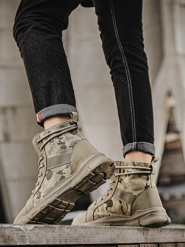 Men's Fashionable Camo Pattern Lace Up Boots, Casual Comfortable Breathable Ankle Boots for Outdoor Activities, Male All-match Trend Shoes for Daily Wear