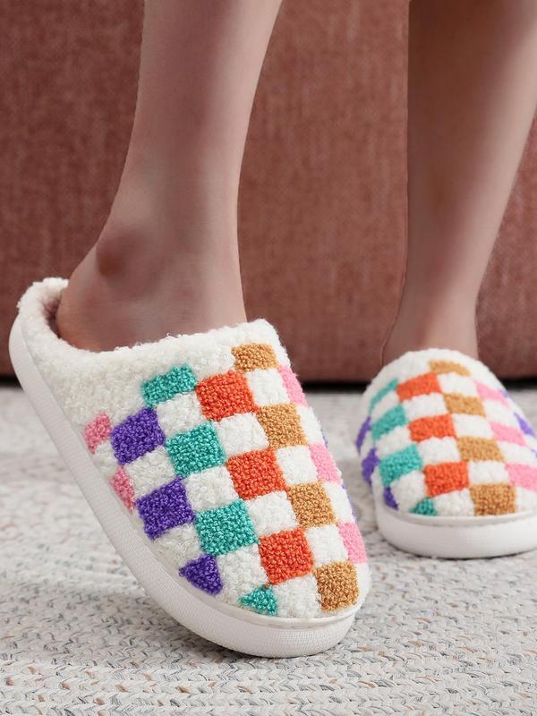 Women's Colorblock Checked Pattern Plush Slippers, Casual Soft Comfortable Home Slide Walking Shoes, Warm Slippers for Indoor & Outdoor Use for All Seasons, 2024 House Shoes