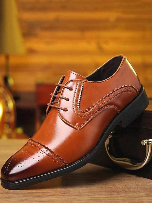 1 Pair Men's Business Solid Color Lace Up Square Toe Dress Shoes, Classic Hollow Out PU Leather Formal Shoes For Work Office, Minimalist Style For Men