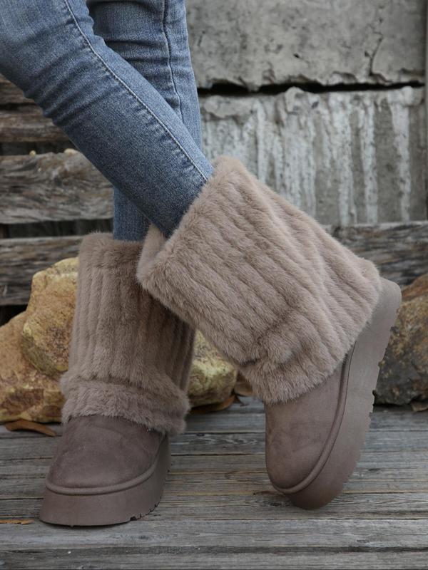 Women's Solid Color Fluffy Snow Boots, Fashionable Warm & Cozy Boots for Fall & Winter, Non-slip Thick Sole Boots for Women & Girls