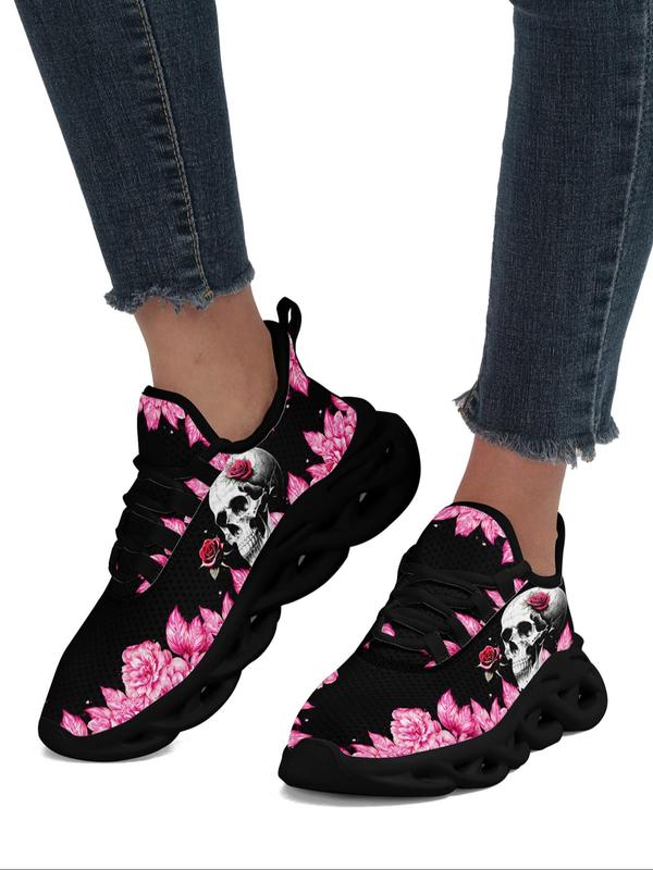 Floral Skull Print Lace Up Mesh Sneakers for Trainer, Casual Sporty Running Shoes for Women, Ventilate Hollow Out 2024 Fall Shoes Soles Athletic Walking Shoes for Women, Fall Outfits, Fall Freshness