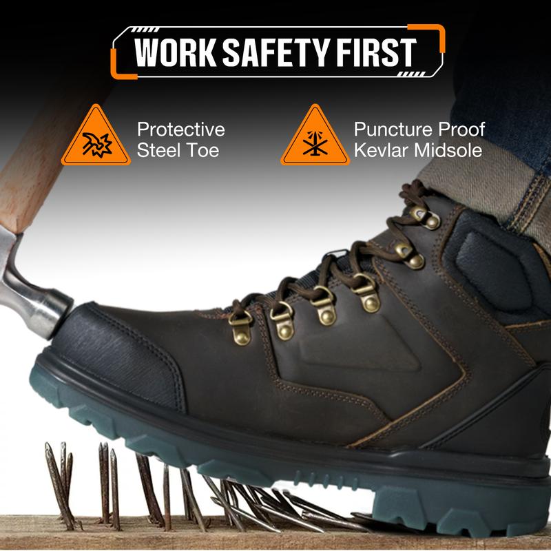 Mens Steel Toe Work Boots, Waterproof Heavy-Duty Safety Boots with Puncture Protection, Oil & Slip Resistant, Round Toe Construction Boots with Breathable Lining, EH Protection, for Industrial