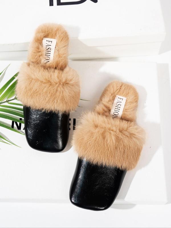 Women's Fashionable Contrast Faux Fur Design Slippers, Casual Soft Comfortable Home Slippers, Warm Slippers for Indoor & Outdoor Use for All Seasons